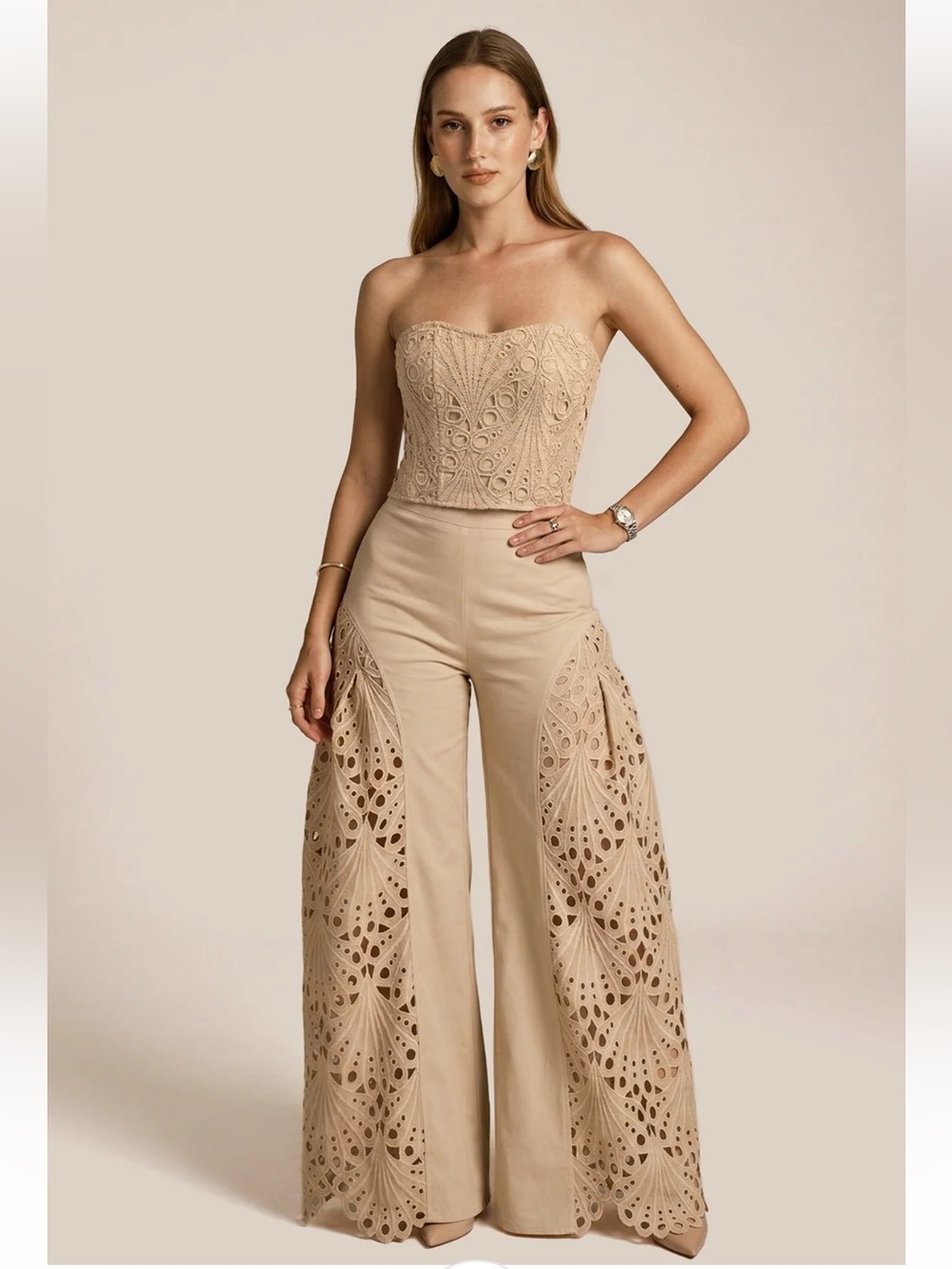 NWT Commense Strapless Eyelet Top & Wide Leg Pants Set in Khaki
